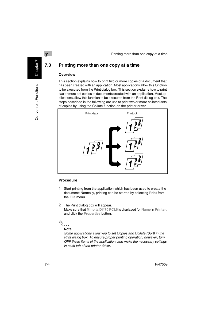 3 printing more than one copy at a time, Overview, Procedure | P. 7-4 | Minolta PI4700E User Manual | Page 199 / 426