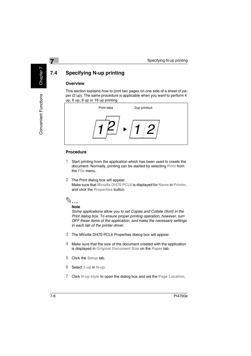 4 specifying n-up printing, Overview, Procedure | R. (p. 7-6) | Minolta PI4700E User Manual | Page 201 / 426