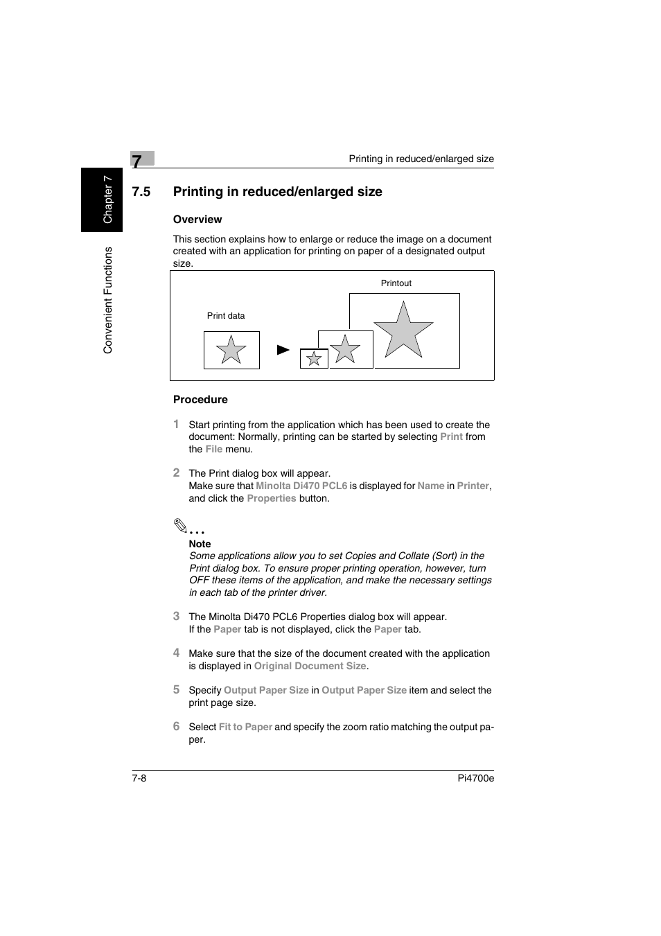 5 printing in reduced/enlarged size, Overview, Procedure | P. 7-8) | Minolta PI4700E User Manual | Page 203 / 426