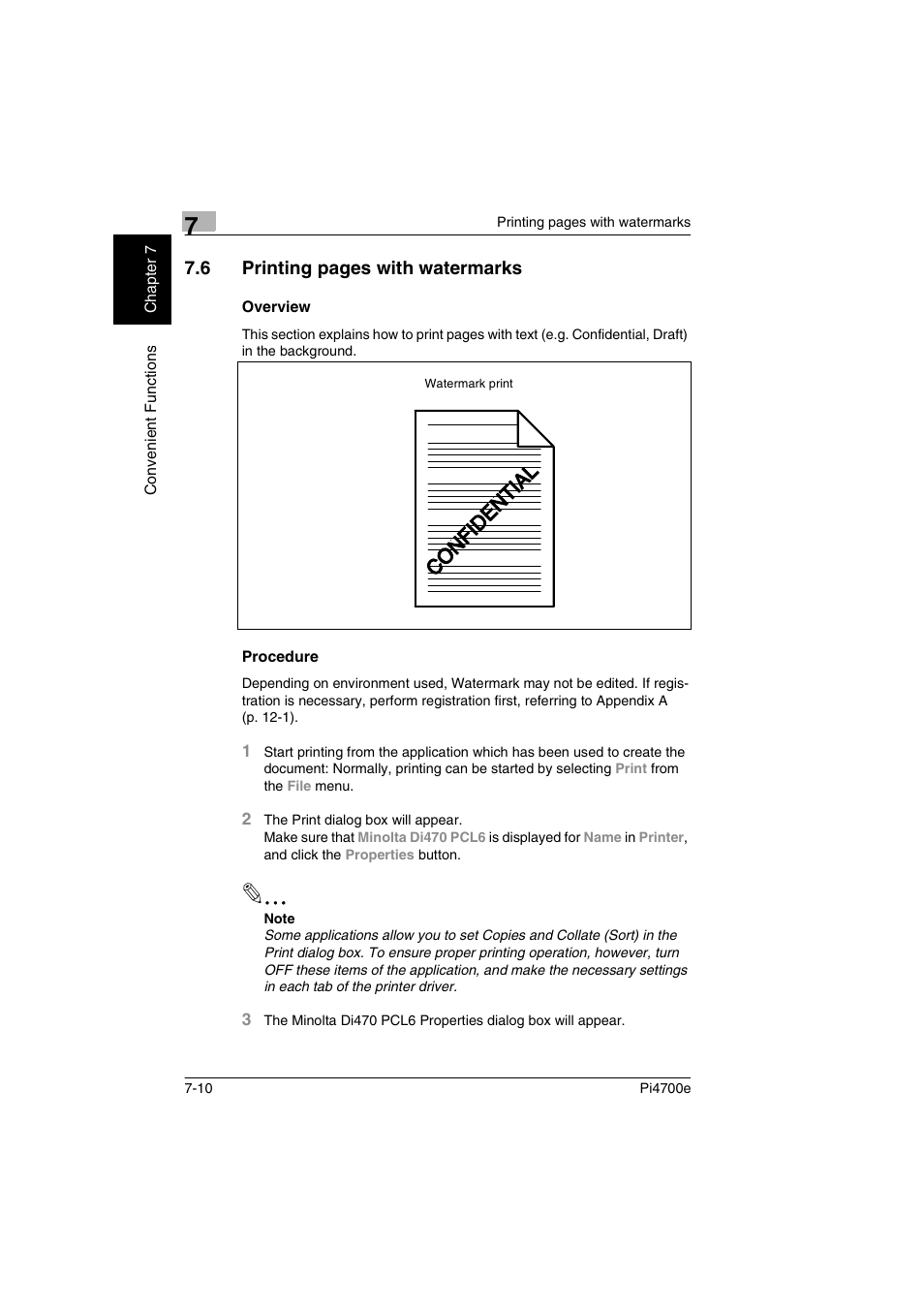 Overview, Procedure, P. 7-10 | 6 printing pages with watermarks | Minolta PI4700E User Manual | Page 205 / 426