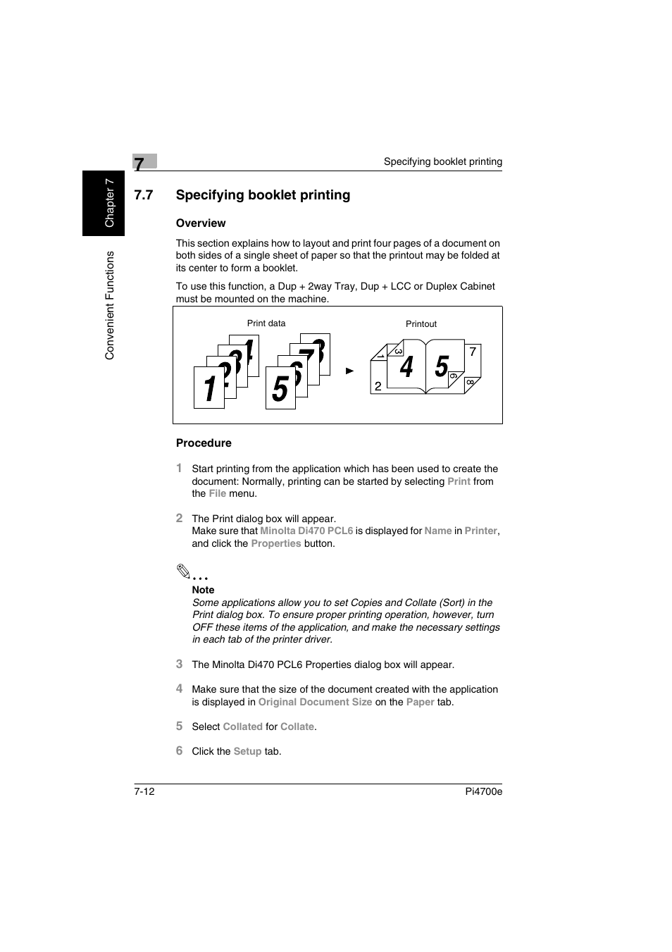 7 specifying booklet printing, Overview, Procedure | P. 7-12) | Minolta PI4700E User Manual | Page 207 / 426