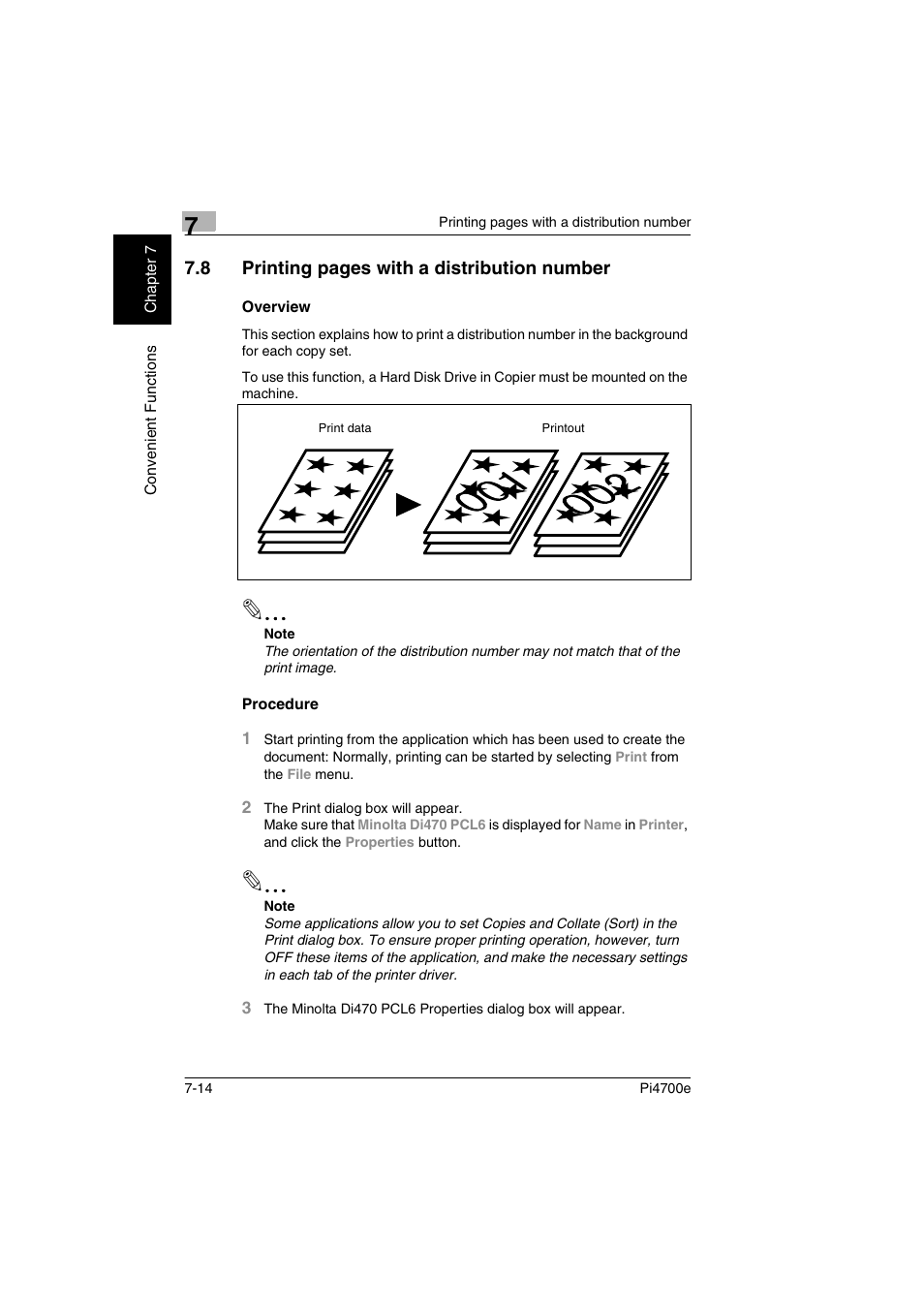 Overview, Procedure, P. 7-14 | 8 printing pages with a distribution number | Minolta PI4700E User Manual | Page 209 / 426