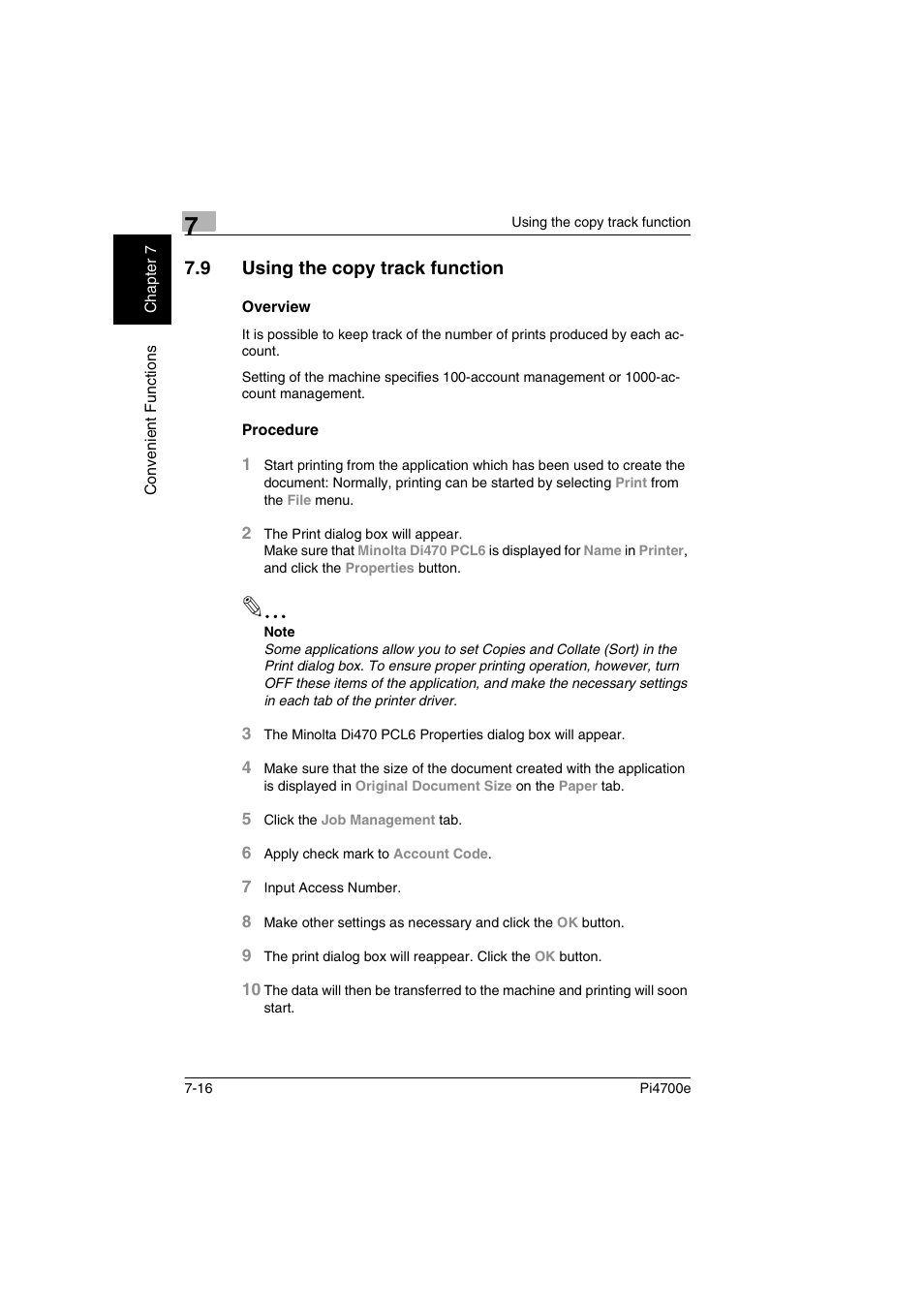 9 using the copy track function, Overview, Procedure | Minolta PI4700E User Manual | Page 211 / 426