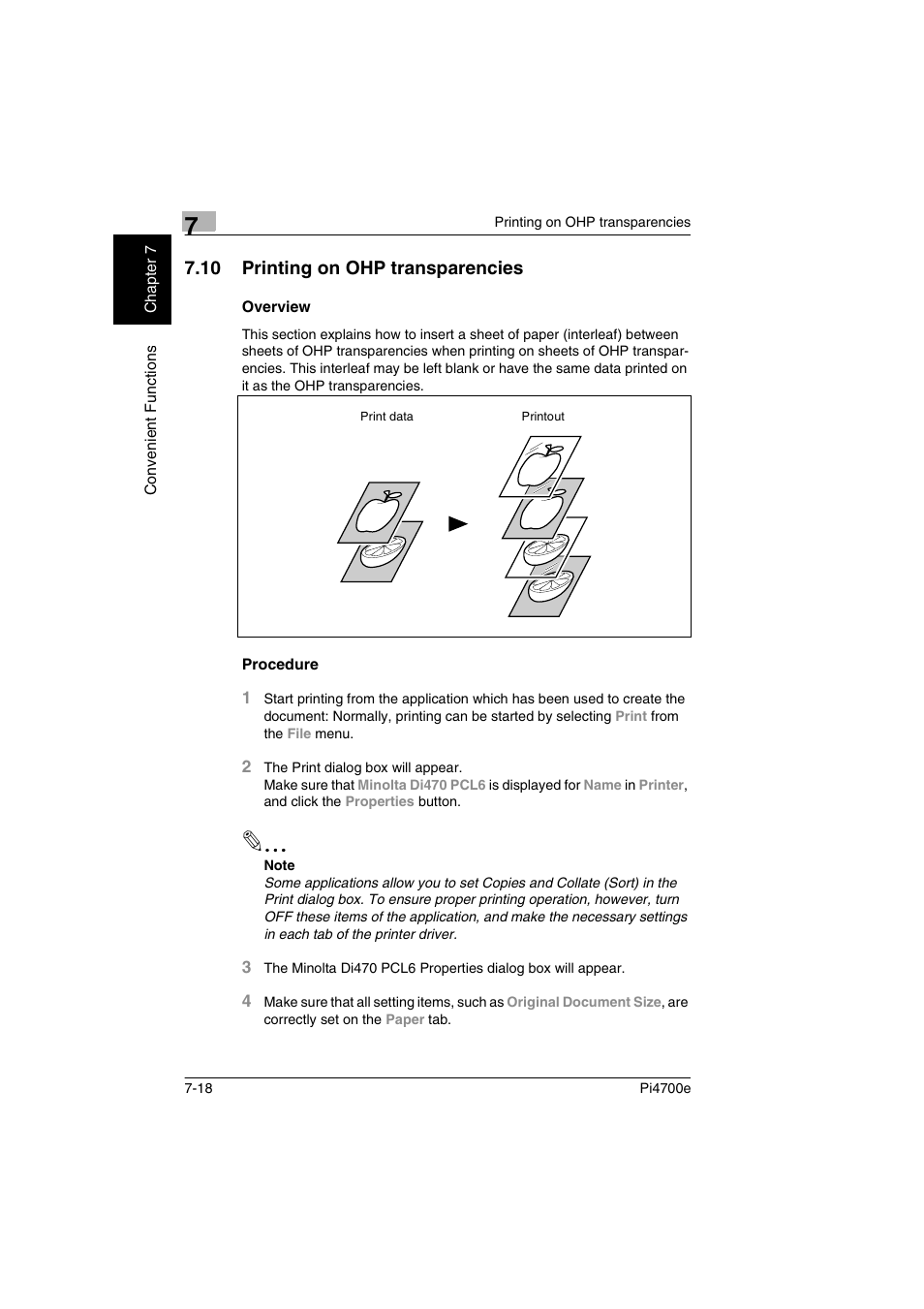 10 printing on ohp transparencies, Overview, Procedure | Minolta PI4700E User Manual | Page 213 / 426