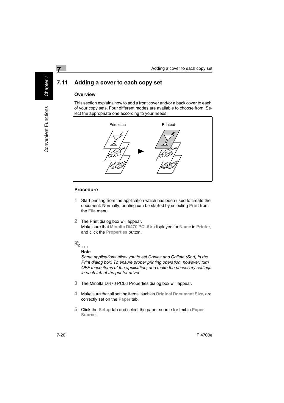 11 adding a cover to each copy set, Overview, Procedure | Minolta PI4700E User Manual | Page 215 / 426