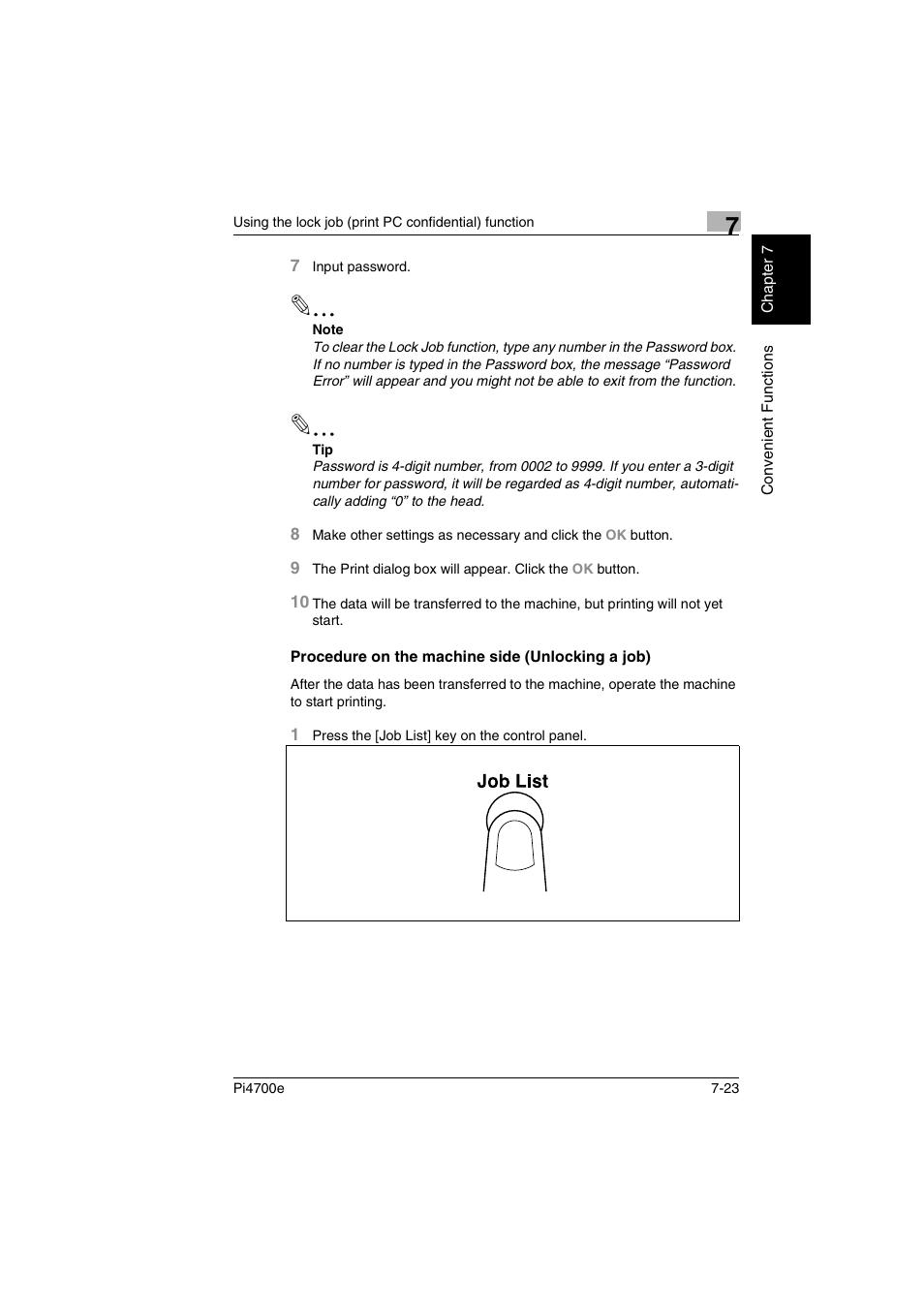 Procedure on the machine side (unlocking a job) | Minolta PI4700E User Manual | Page 218 / 426