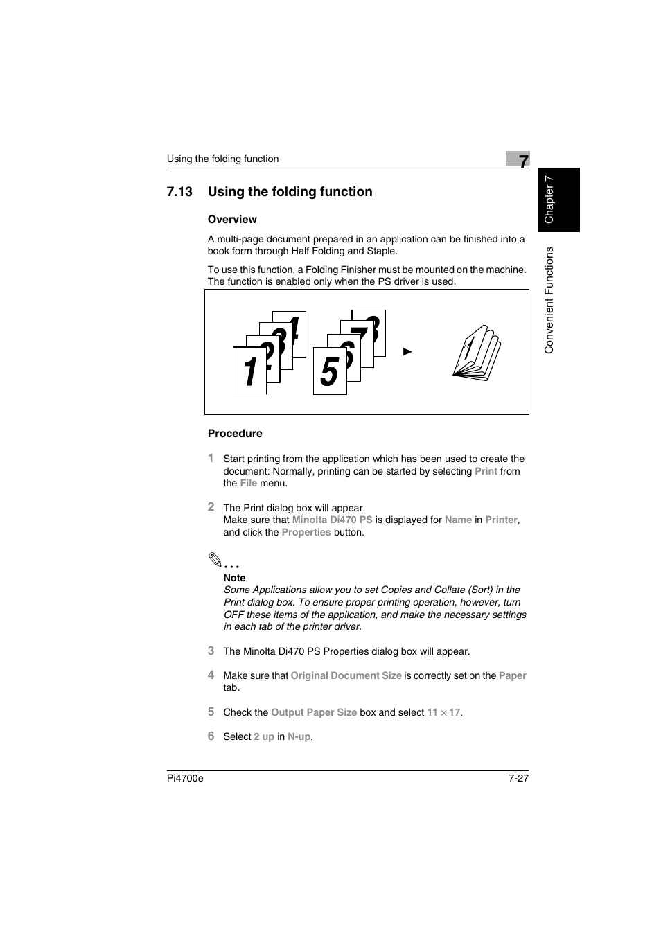 13 using the folding function, Overview, Procedure | Using the folding function -27 overview -27, Procedure -27 | Minolta PI4700E User Manual | Page 222 / 426