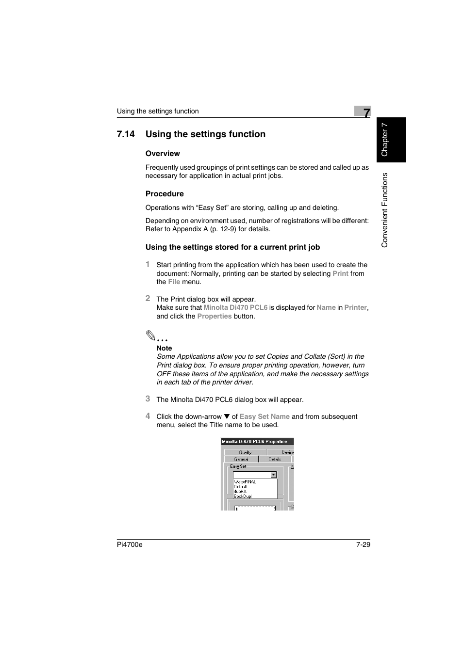 14 using the settings function, Overview, Procedure | Using the settings stored for a current print job | Minolta PI4700E User Manual | Page 224 / 426