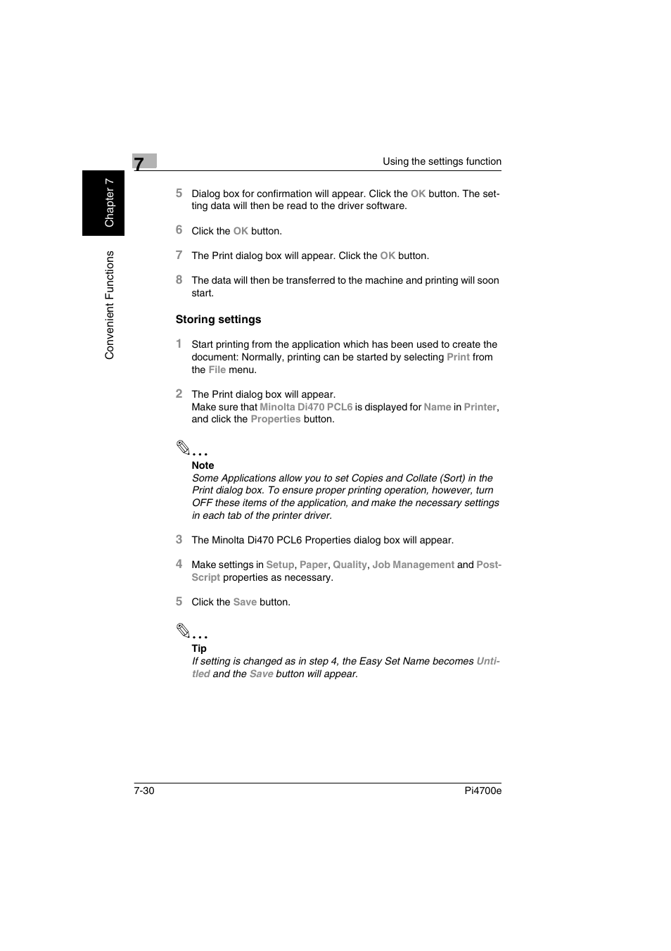 Storing settings, Storing settings -30 | Minolta PI4700E User Manual | Page 225 / 426