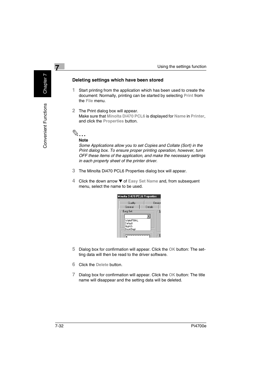 Deleting settings which have been stored, Deleting settings which have been stored -32 | Minolta PI4700E User Manual | Page 227 / 426