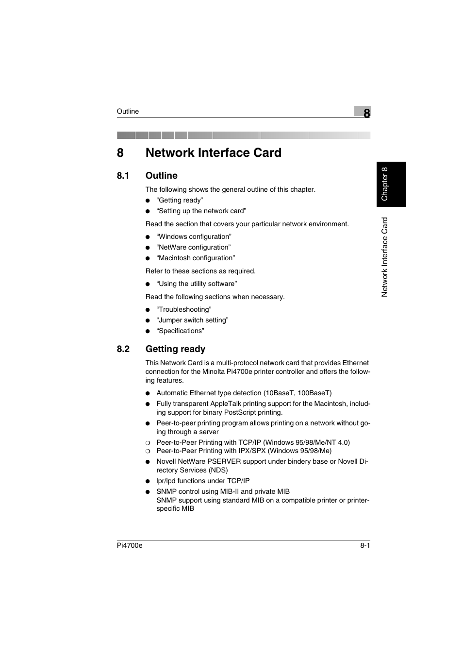 8 network interface card, 1 outline, 2 getting ready | 8network interface card | Minolta PI4700E User Manual | Page 232 / 426