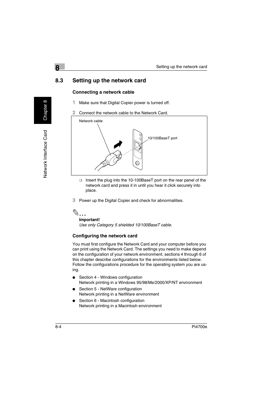 3 setting up the network card, Connecting a network cable, Configuring the network card | Setting up the network card | Minolta PI4700E User Manual | Page 235 / 426