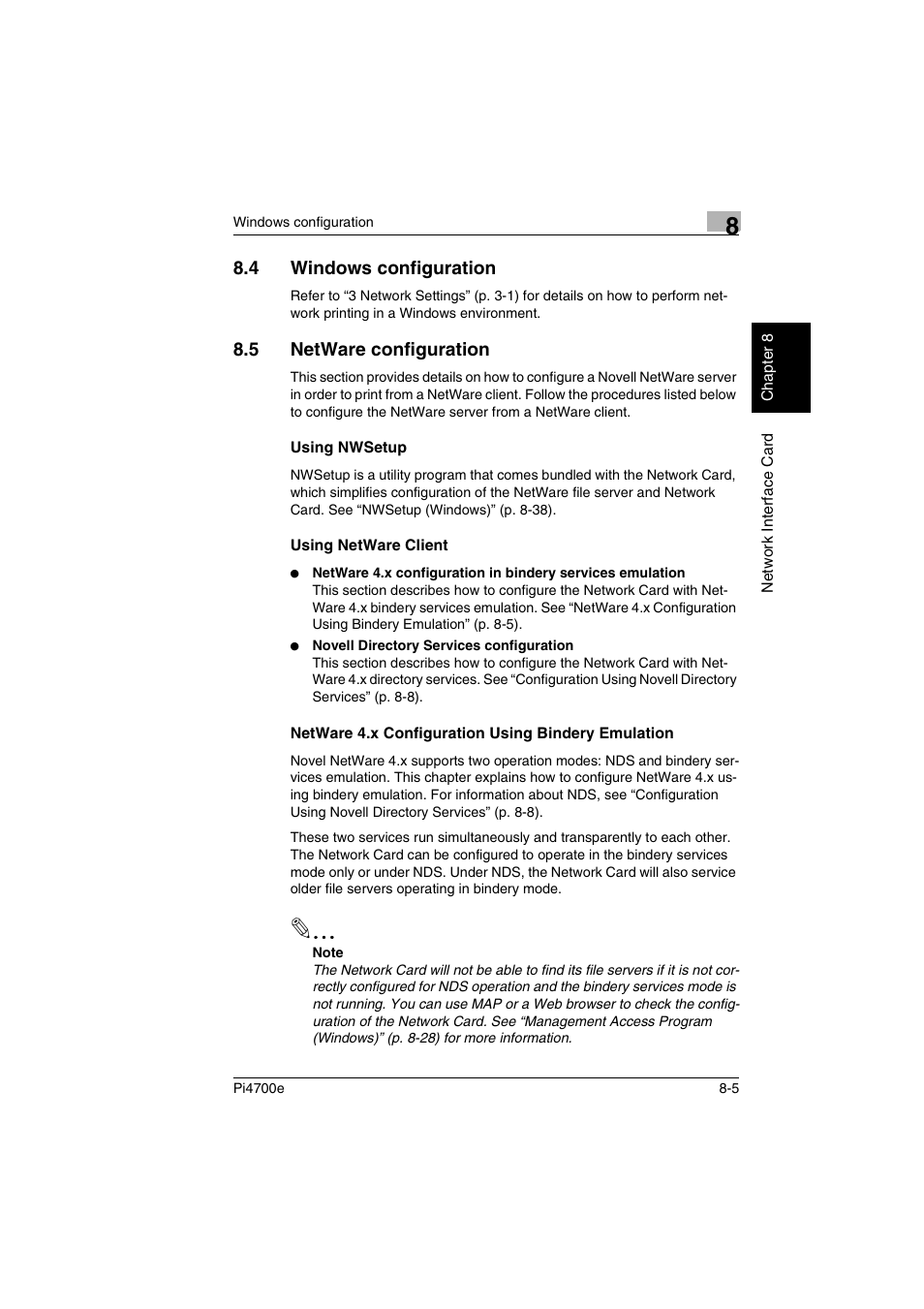 4 windows configuration, 5 netware configuration, Using nwsetup | Using netware client, Netware 4.x configuration using bindery emulation, Windows configuration, Netware configuration | Minolta PI4700E User Manual | Page 236 / 426