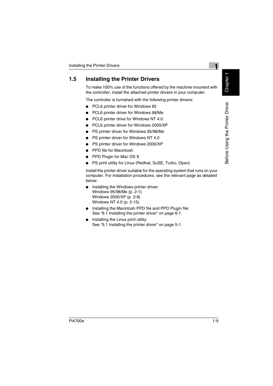 5 installing the printer drivers, Installing the printer drivers -9 | Minolta PI4700E User Manual | Page 24 / 426