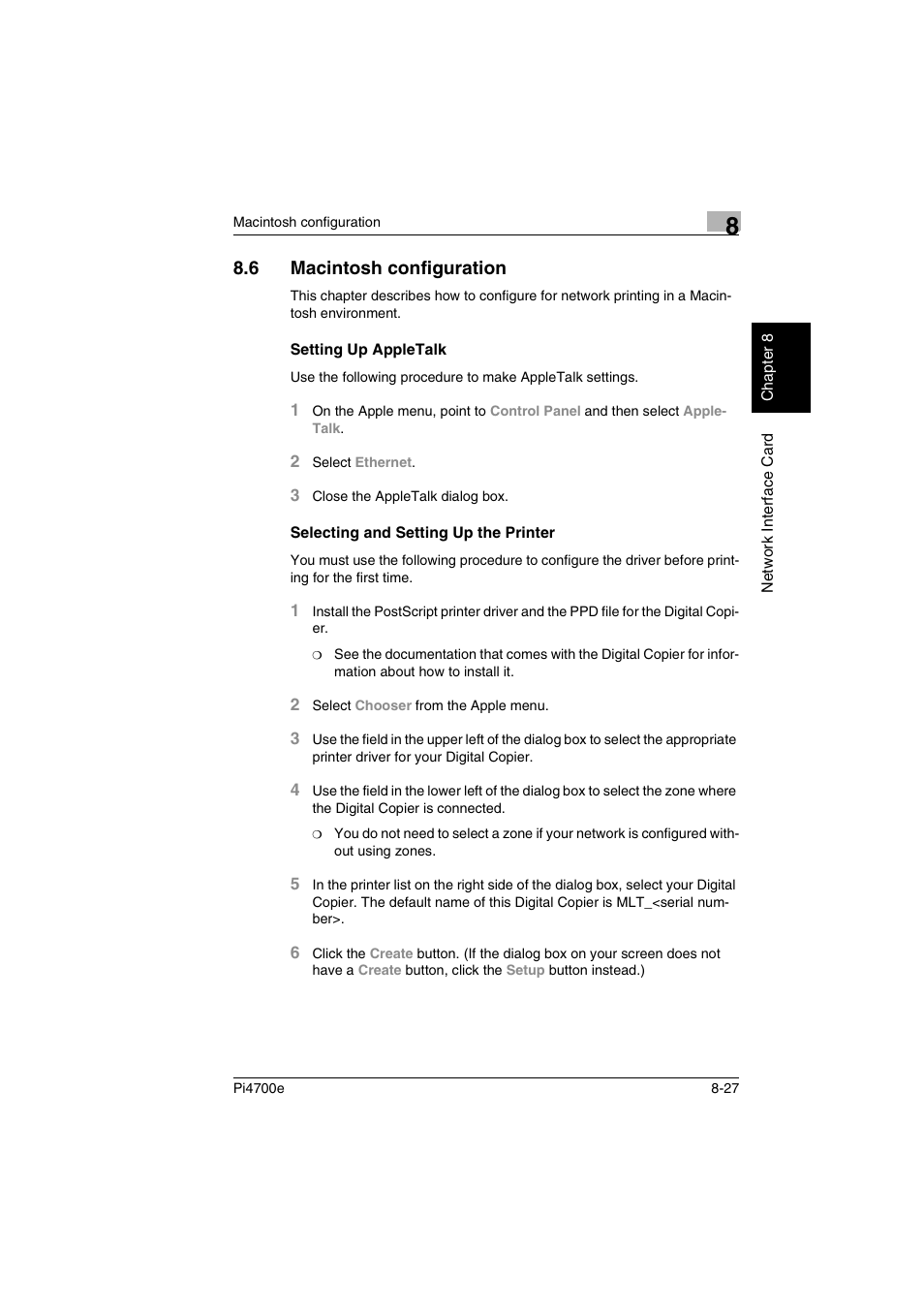 6 macintosh configuration, Setting up appletalk, Selecting and setting up the printer | Macintosh configuration | Minolta PI4700E User Manual | Page 258 / 426