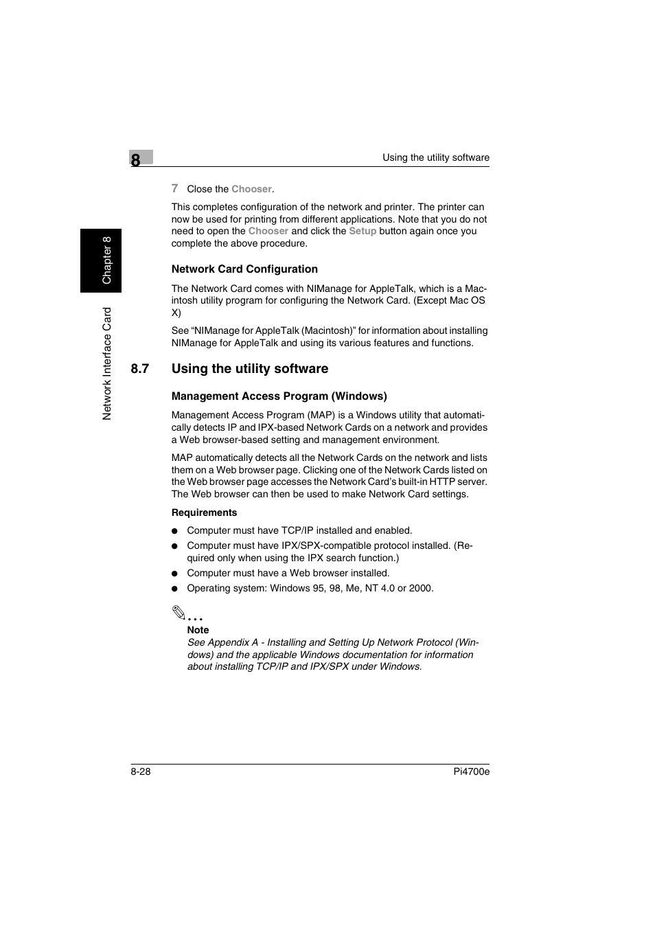 Network card configuration, 7 using the utility software, Management access program (windows) | Using the utility software, Management access program (windows)” (p. 8-28) | Minolta PI4700E User Manual | Page 259 / 426