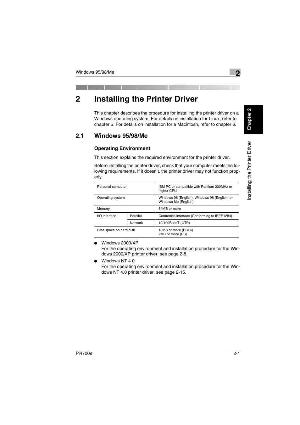 2 installing the printer driver, 1 windows 95/98/me, Operating environment | Installing the printer driver, Windows 95/98/me -1 operating environment -1, P. 2-1), 2installing the printer driver | Minolta PI4700E User Manual | Page 26 / 426