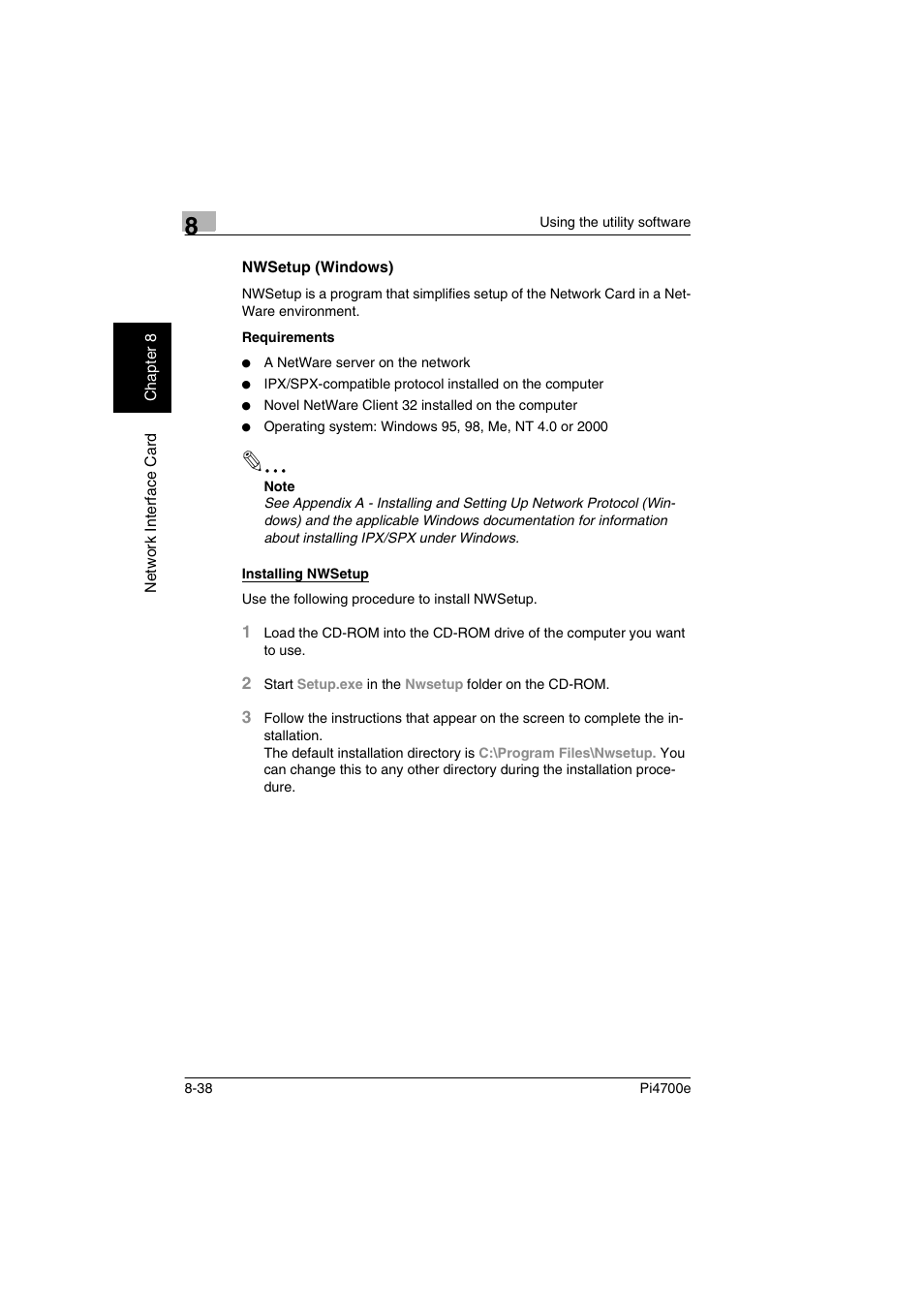 Nwsetup (windows), Nwsetup (windows)” (p. 8-38) | Minolta PI4700E User Manual | Page 269 / 426