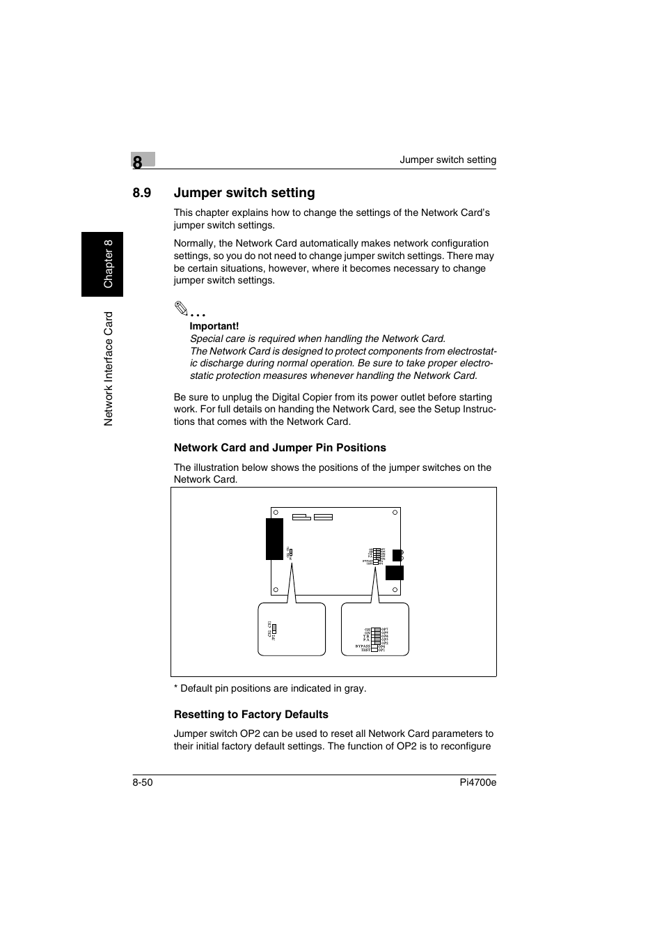 9 jumper switch setting, Network card and jumper pin positions, Resetting to factory defaults | Jumper switch setting | Minolta PI4700E User Manual | Page 281 / 426