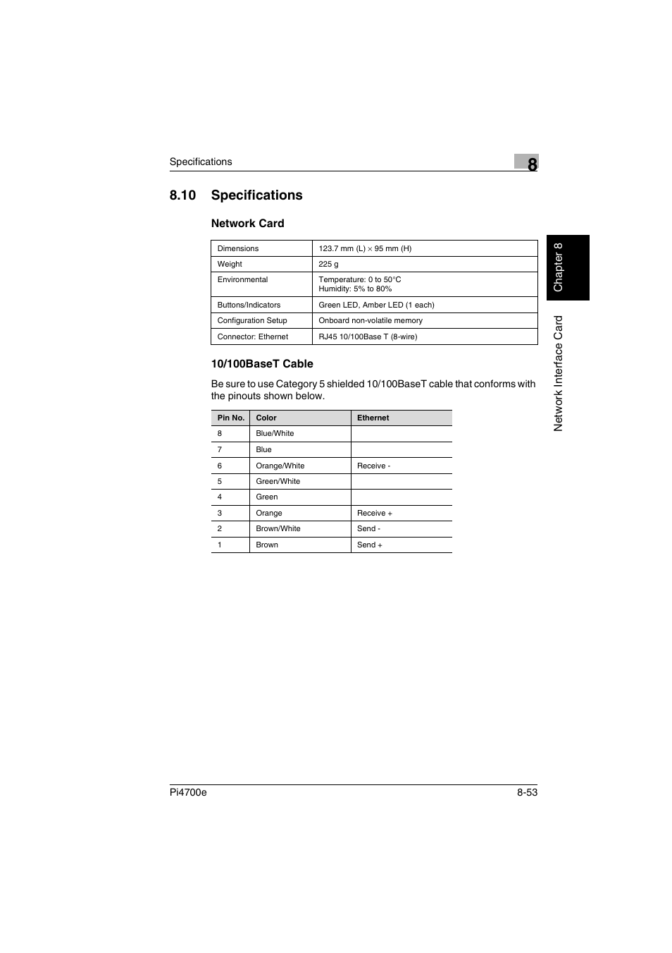 10 specifications, Network card, 10/100baset cable | Specifications | Minolta PI4700E User Manual | Page 284 / 426