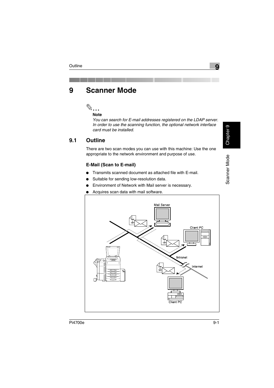 9 scanner mode, 1 outline, E-mail (scan to e-mail) | 9scanner mode | Minolta PI4700E User Manual | Page 286 / 426