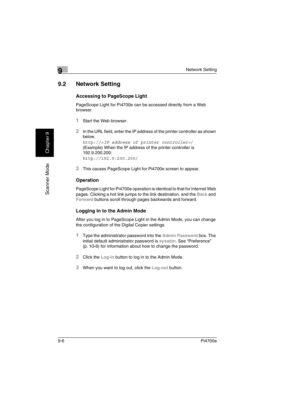 2 network setting, Operation, Logging in to the admin mode | Minolta PI4700E User Manual | Page 291 / 426