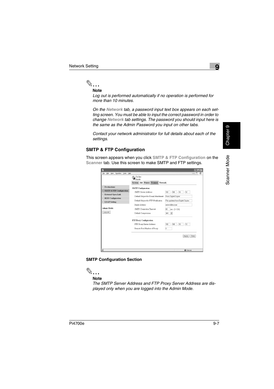 Smtp & ftp configuration | Minolta PI4700E User Manual | Page 292 / 426