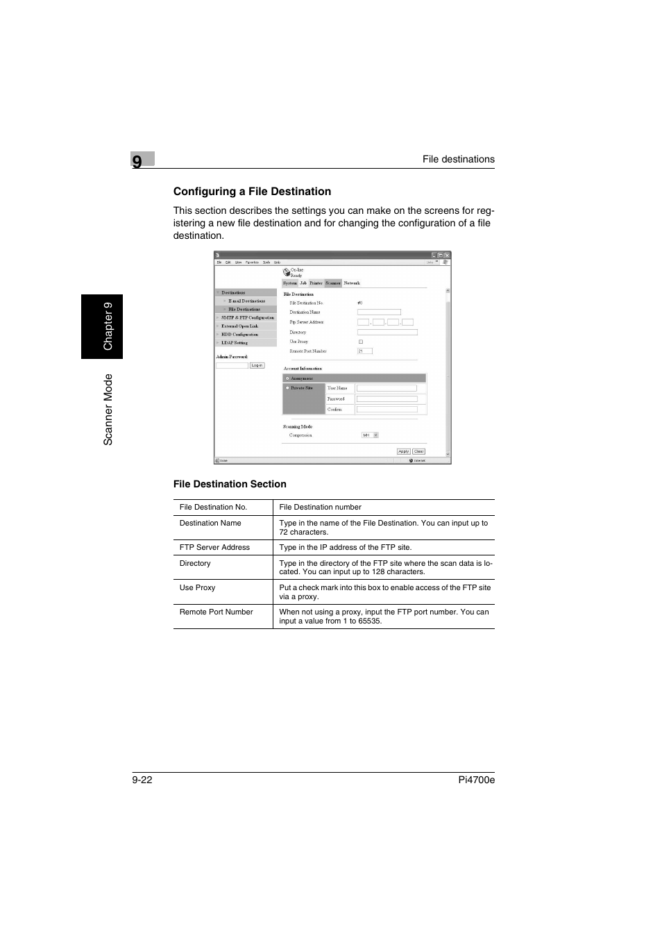 Configuring a file destination | Minolta PI4700E User Manual | Page 307 / 426