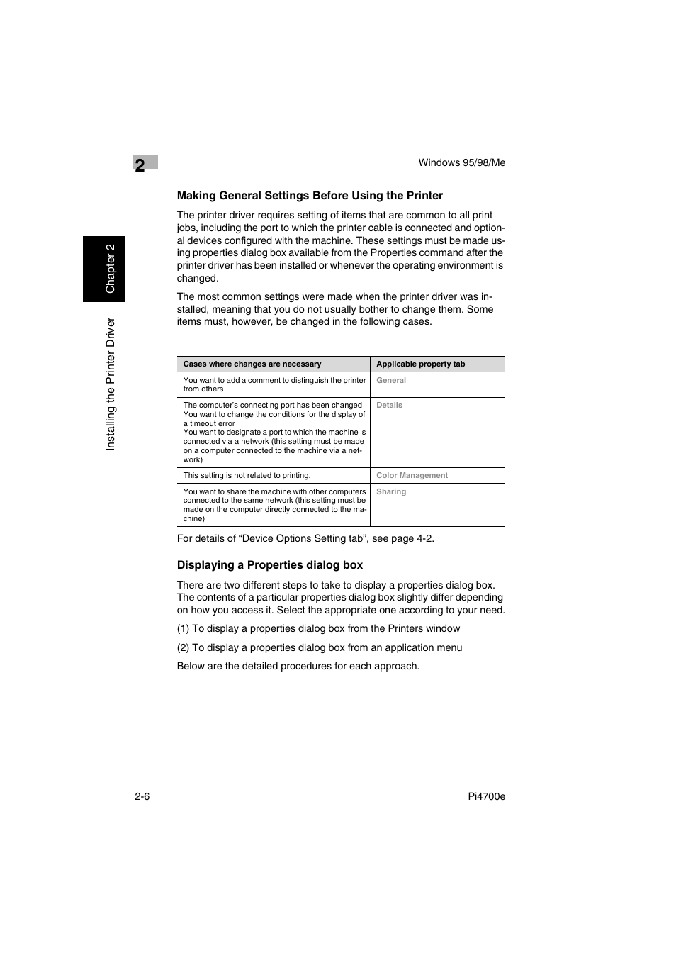 Making general settings before using the printer, Displaying a properties dialog box | Minolta PI4700E User Manual | Page 31 / 426