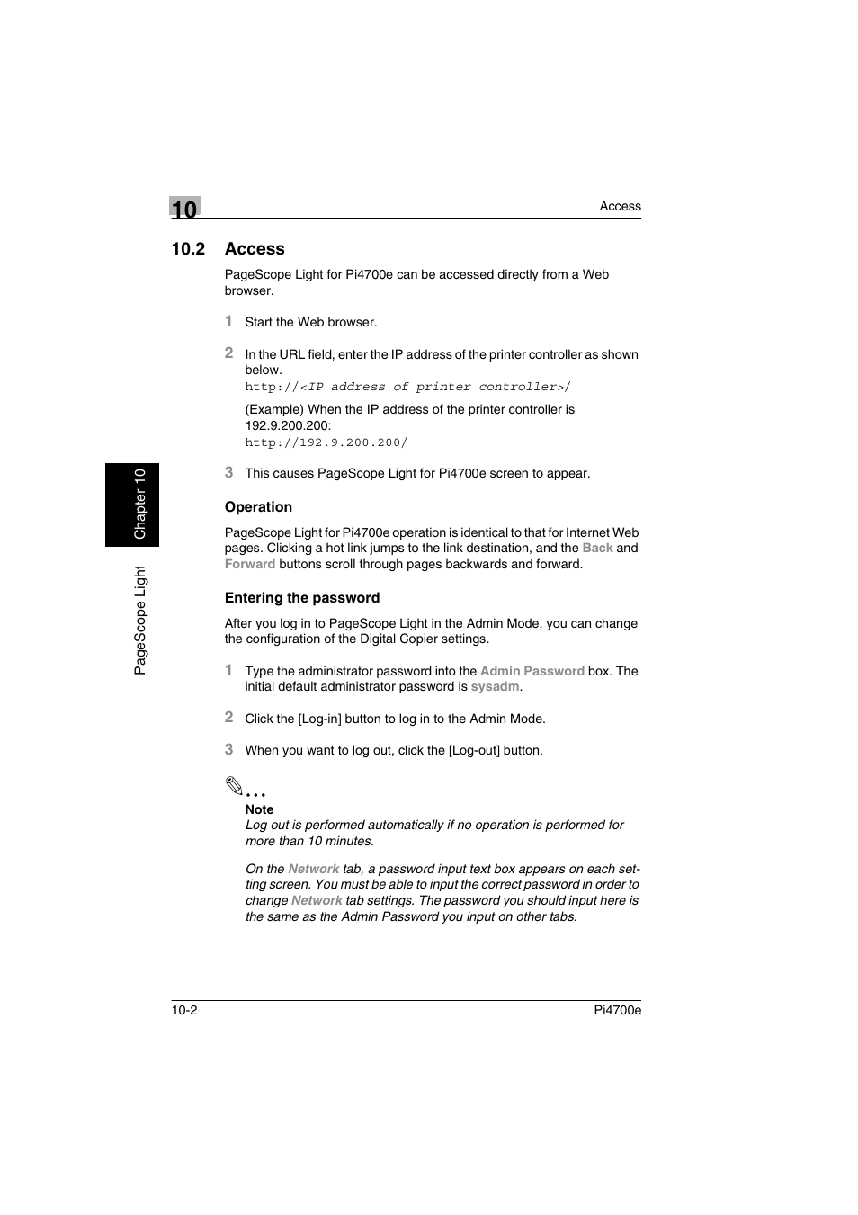 2 access, Operation, Entering the password | Minolta PI4700E User Manual | Page 327 / 426