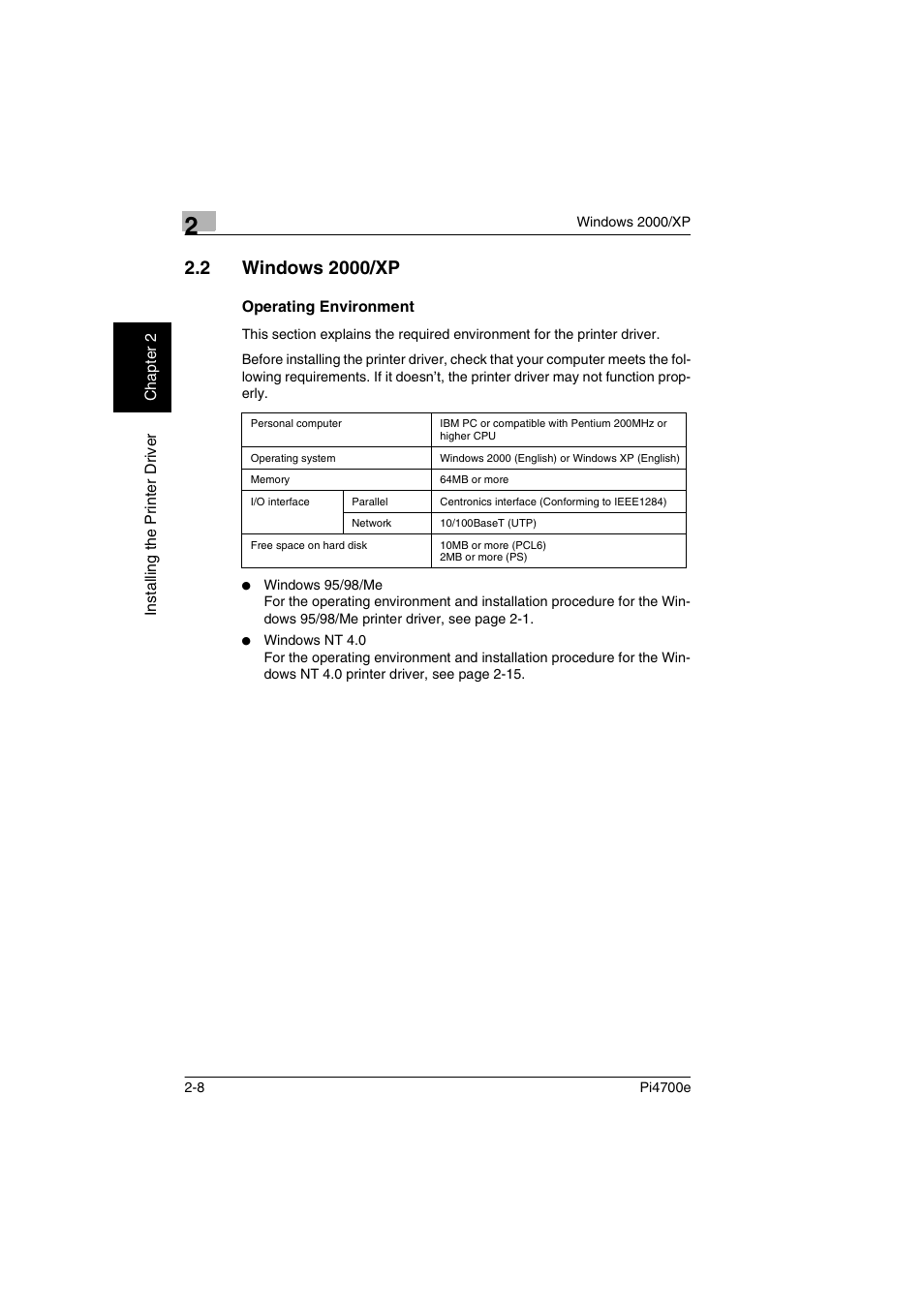 2 windows 2000/xp, Operating environment, Windows 2000/xp -8 operating environment -8 | P. 2-8) | Minolta PI4700E User Manual | Page 33 / 426