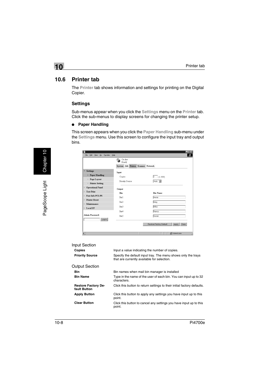 6 printer tab, Settings | Minolta PI4700E User Manual | Page 333 / 426