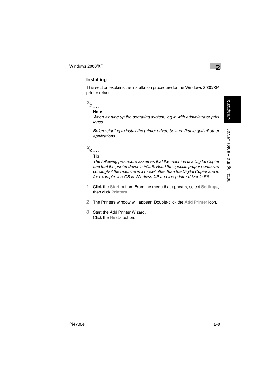 Installing, Installing -9 | Minolta PI4700E User Manual | Page 34 / 426