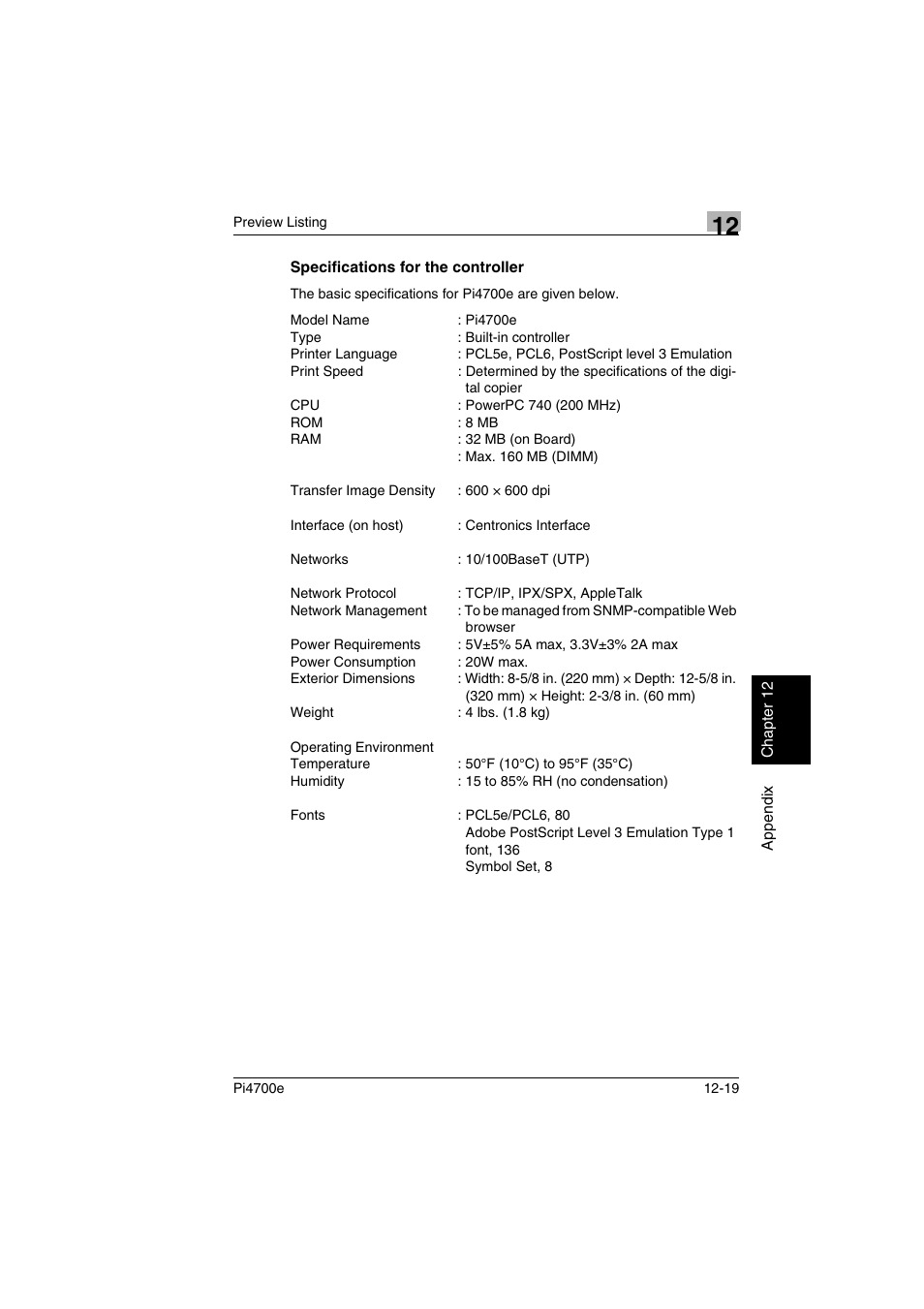 Specifications for the controller | Minolta PI4700E User Manual | Page 370 / 426