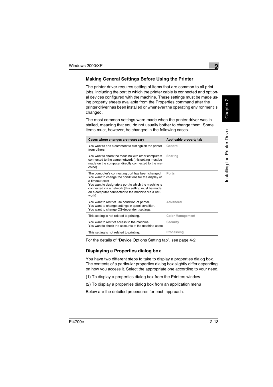 Making general settings before using the printer, Displaying a properties dialog box | Minolta PI4700E User Manual | Page 38 / 426