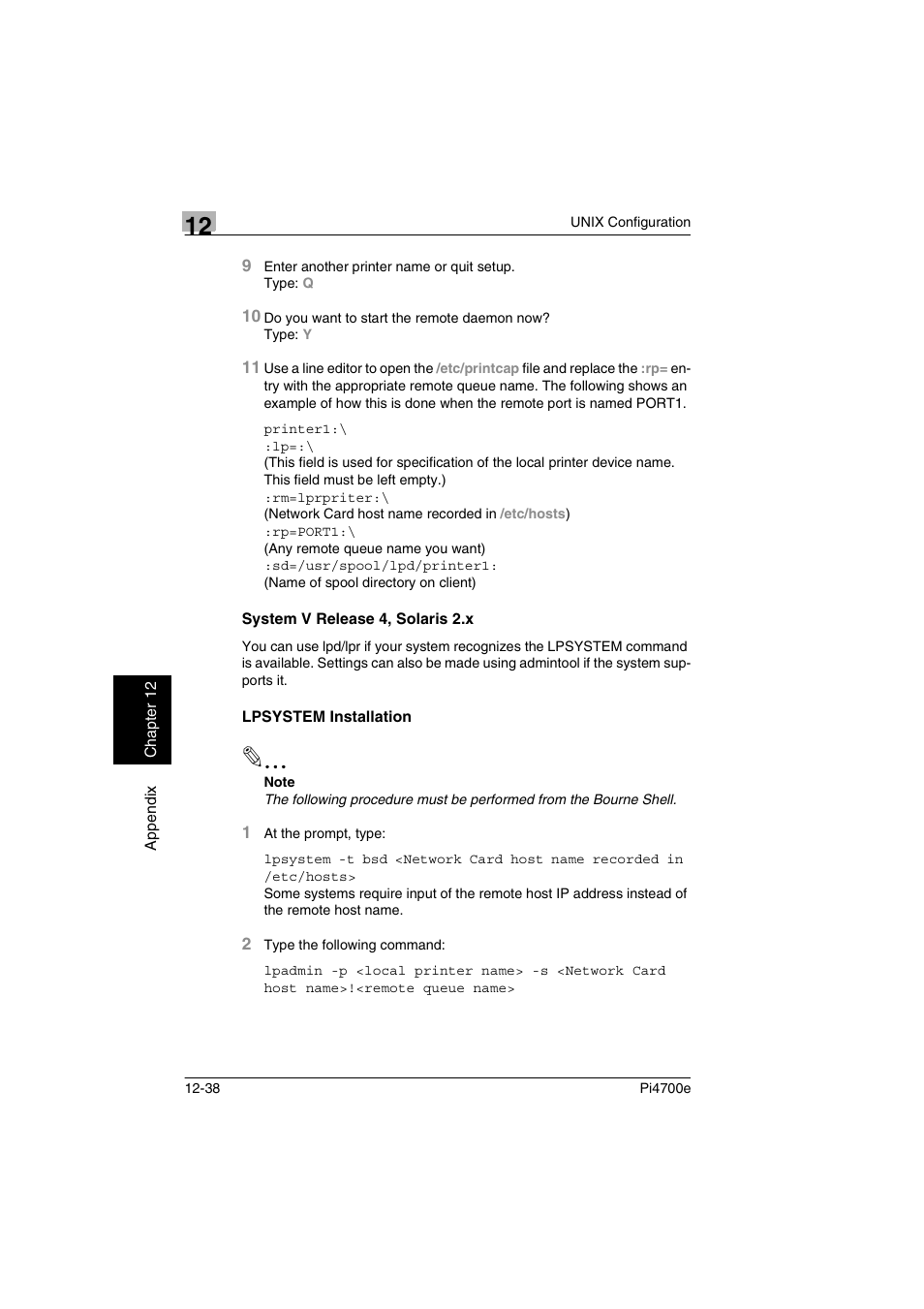 System v release 4, solaris 2.x, Lpsystem installation | Minolta PI4700E User Manual | Page 389 / 426