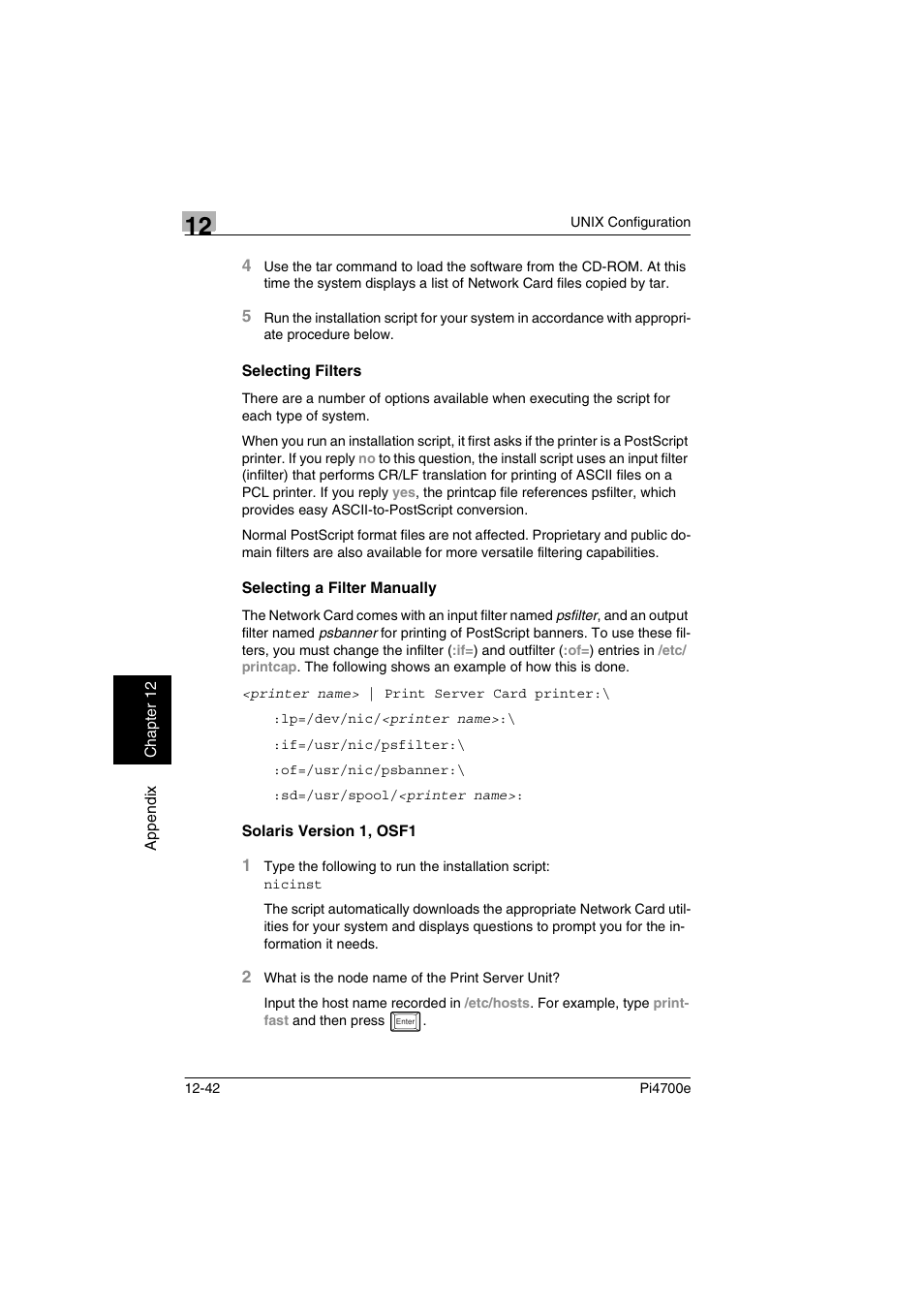 Selecting filters, Selecting a filter manually, Solaris version 1, osf1 | Minolta PI4700E User Manual | Page 393 / 426