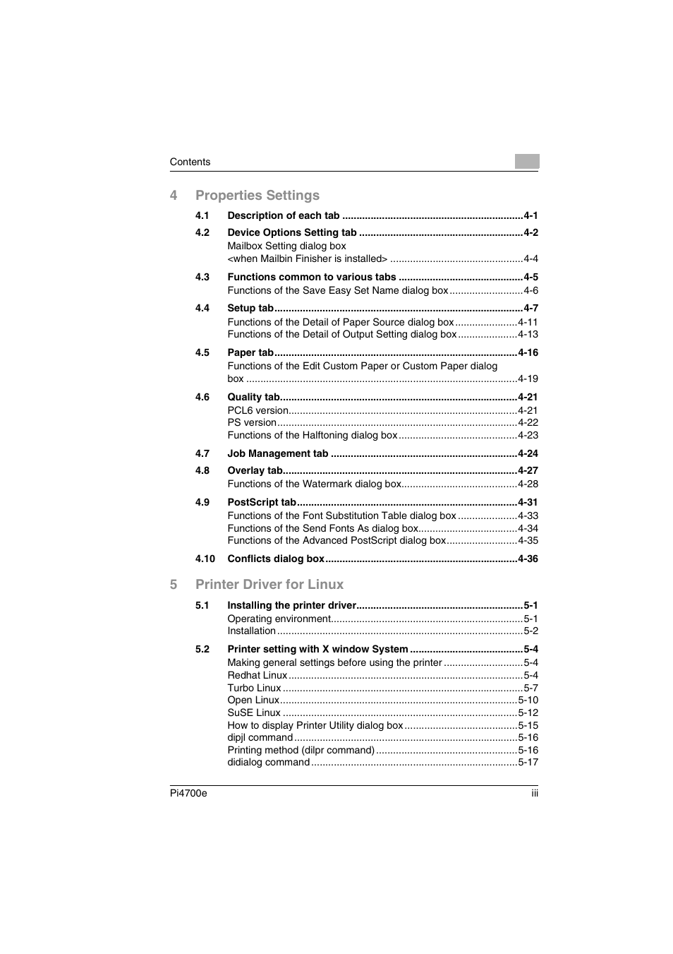 4properties settings, 5printer driver for linux | Minolta PI4700E User Manual | Page 4 / 426