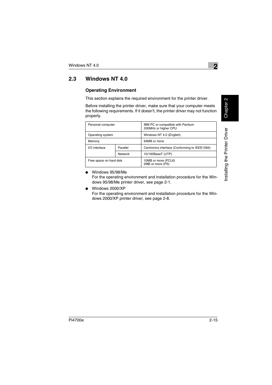 3 windows nt 4.0, Operating environment, Windows nt 4.0 -15 operating environment -15 | P. 2-15) | Minolta PI4700E User Manual | Page 40 / 426