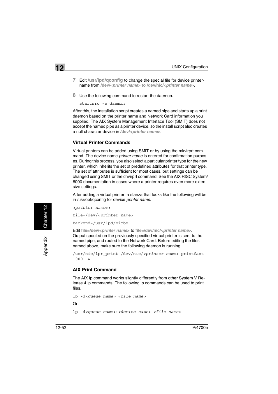 Virtual printer commands, Aix print command | Minolta PI4700E User Manual | Page 403 / 426