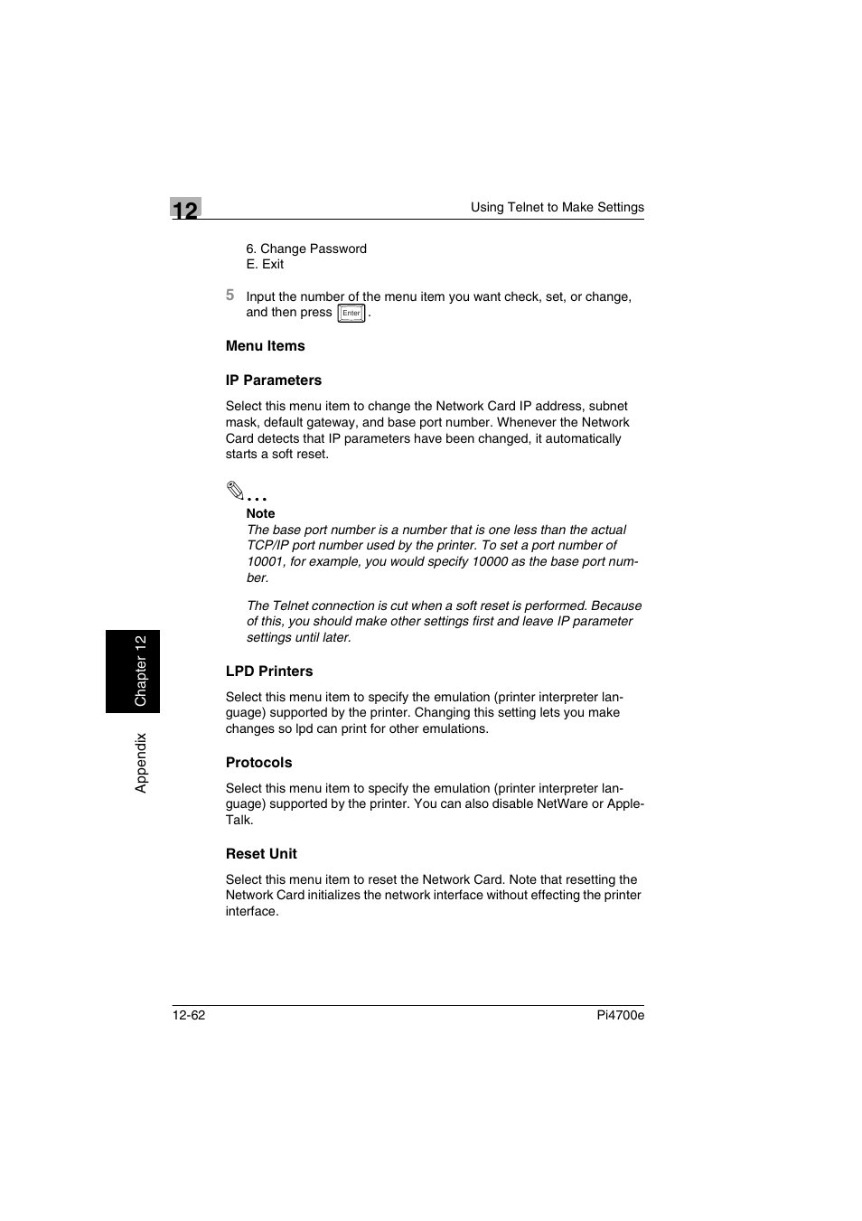 Menu items, Ip parameters, Lpd printers | Protocols, Reset unit | Minolta PI4700E User Manual | Page 413 / 426