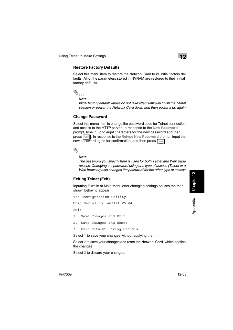 Restore factory defaults, Change password, Exiting telnet (exit) | Minolta PI4700E User Manual | Page 414 / 426