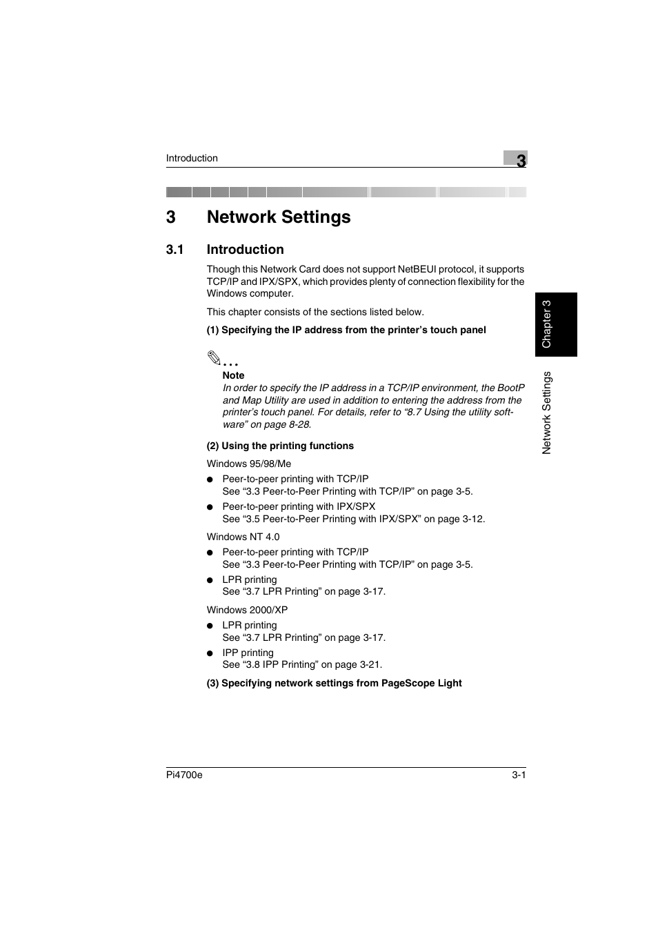 3 network settings, 1 introduction, Network settings | Introduction -1, 3network settings | Minolta PI4700E User Manual | Page 48 / 426