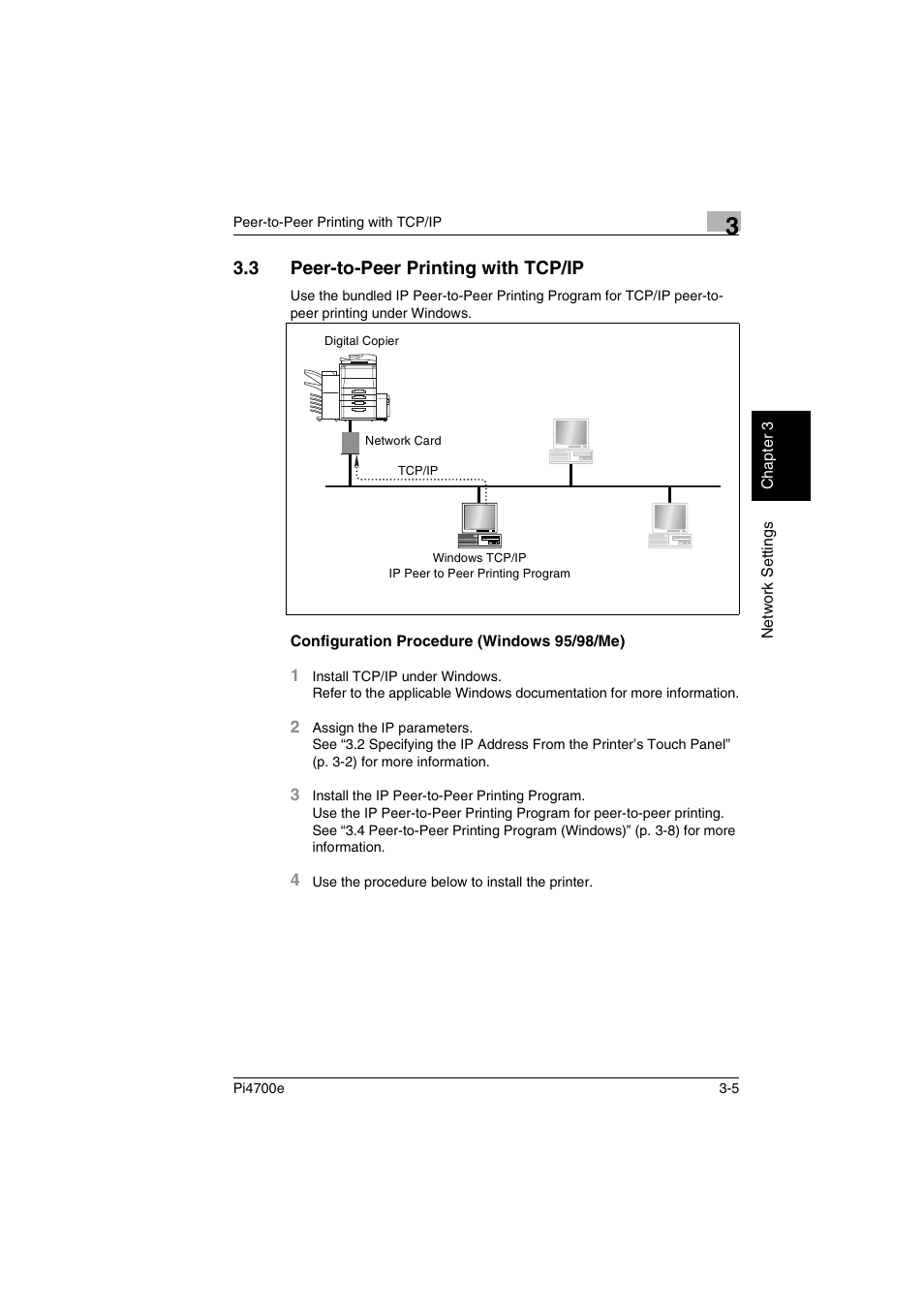 3 peer-to-peer printing with tcp/ip, Configuration procedure (windows 95/98/me) | Minolta PI4700E User Manual | Page 52 / 426