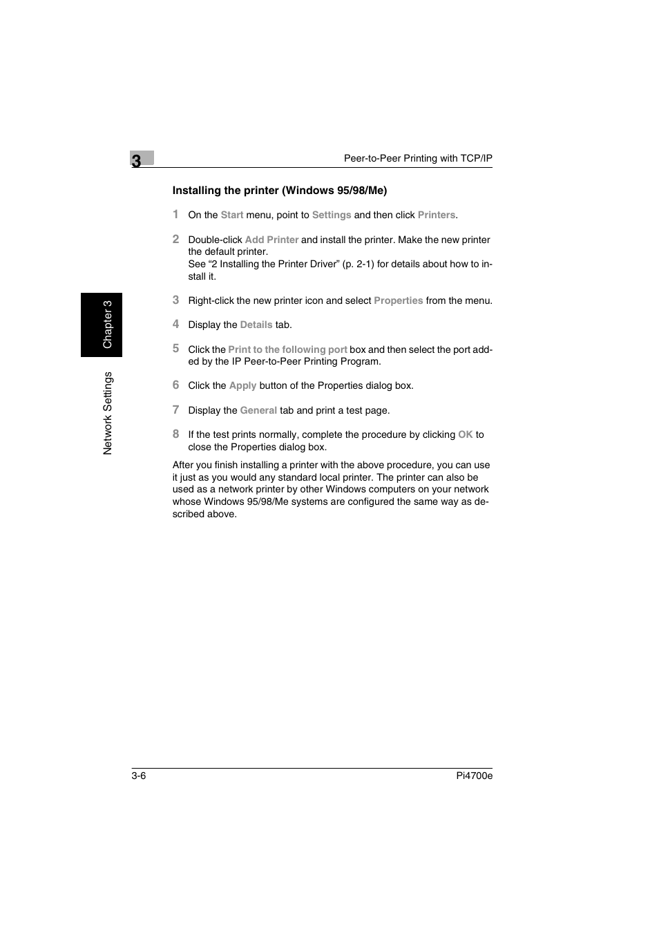 Installing the printer (windows 95/98/me), Installing the printer (windows 95/98/me) -6 | Minolta PI4700E User Manual | Page 53 / 426