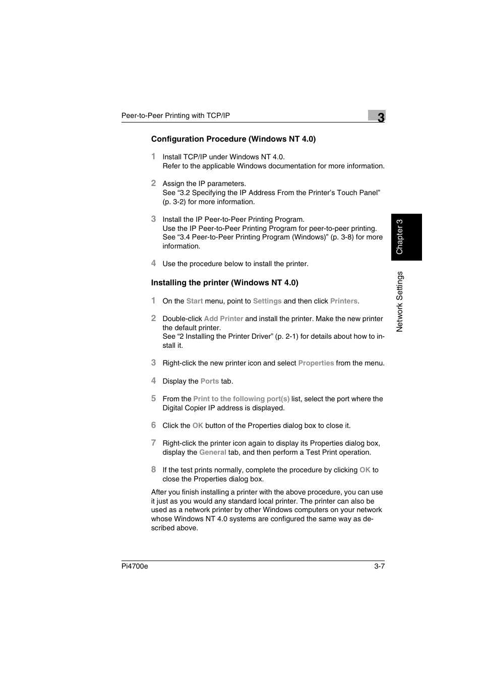 Configuration procedure (windows nt 4.0), Installing the printer (windows nt 4.0) | Minolta PI4700E User Manual | Page 54 / 426