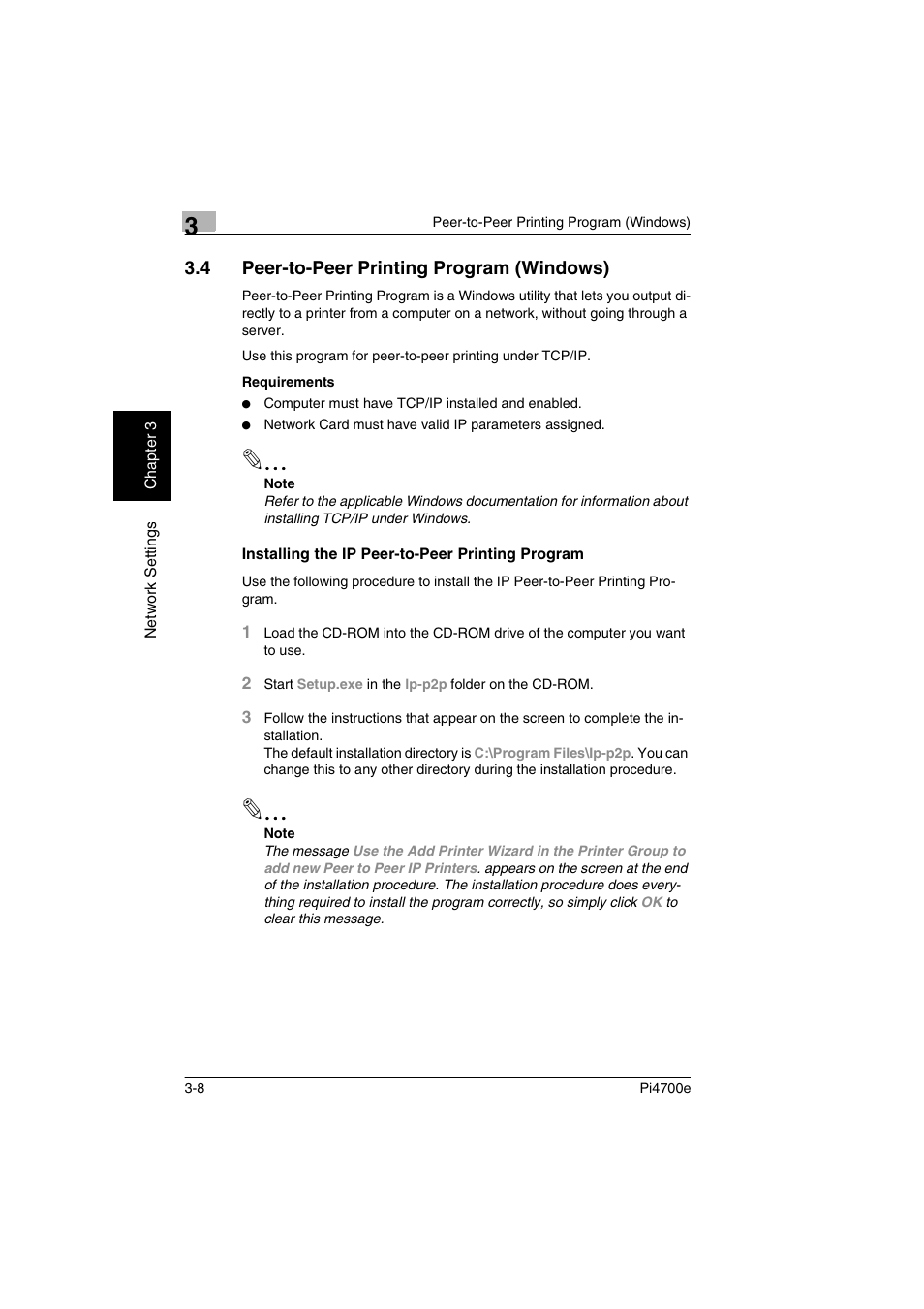 4 peer-to-peer printing program (windows), Installing the ip peer-to-peer printing program | Minolta PI4700E User Manual | Page 55 / 426