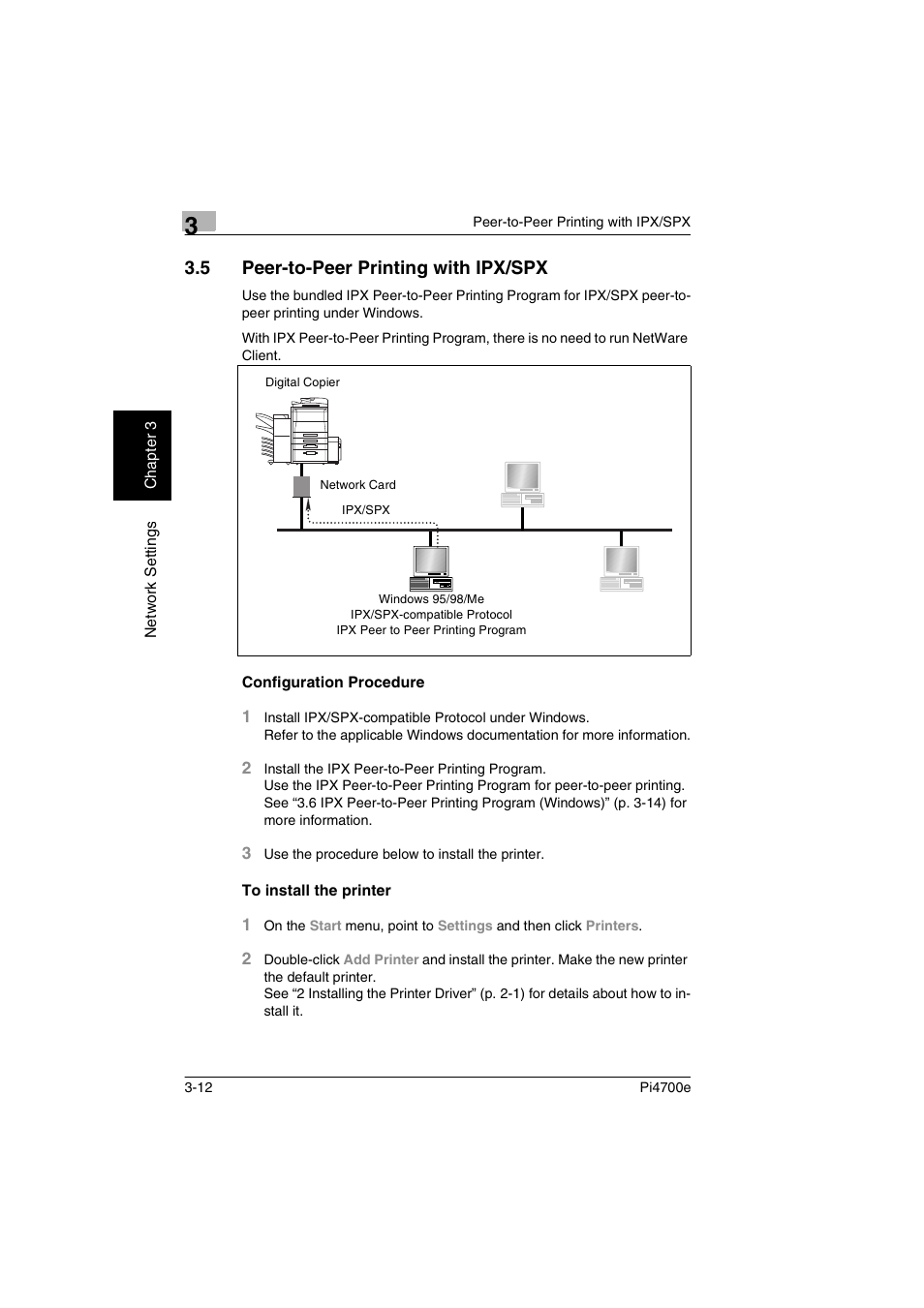 5 peer-to-peer printing with ipx/spx, Configuration procedure, To install the printer | Minolta PI4700E User Manual | Page 59 / 426