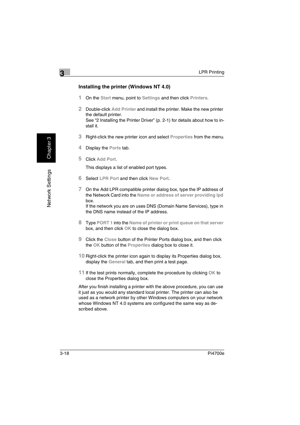 Installing the printer (windows nt 4.0), Installing the printer (windows nt 4.0) -18 | Minolta PI4700E User Manual | Page 65 / 426