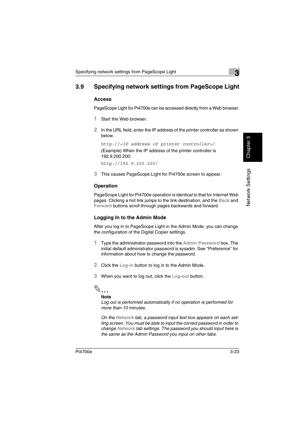 Access, Operation, Logging in to the admin mode | 9 specifying network settings from pagescope light | Minolta PI4700E User Manual | Page 70 / 426